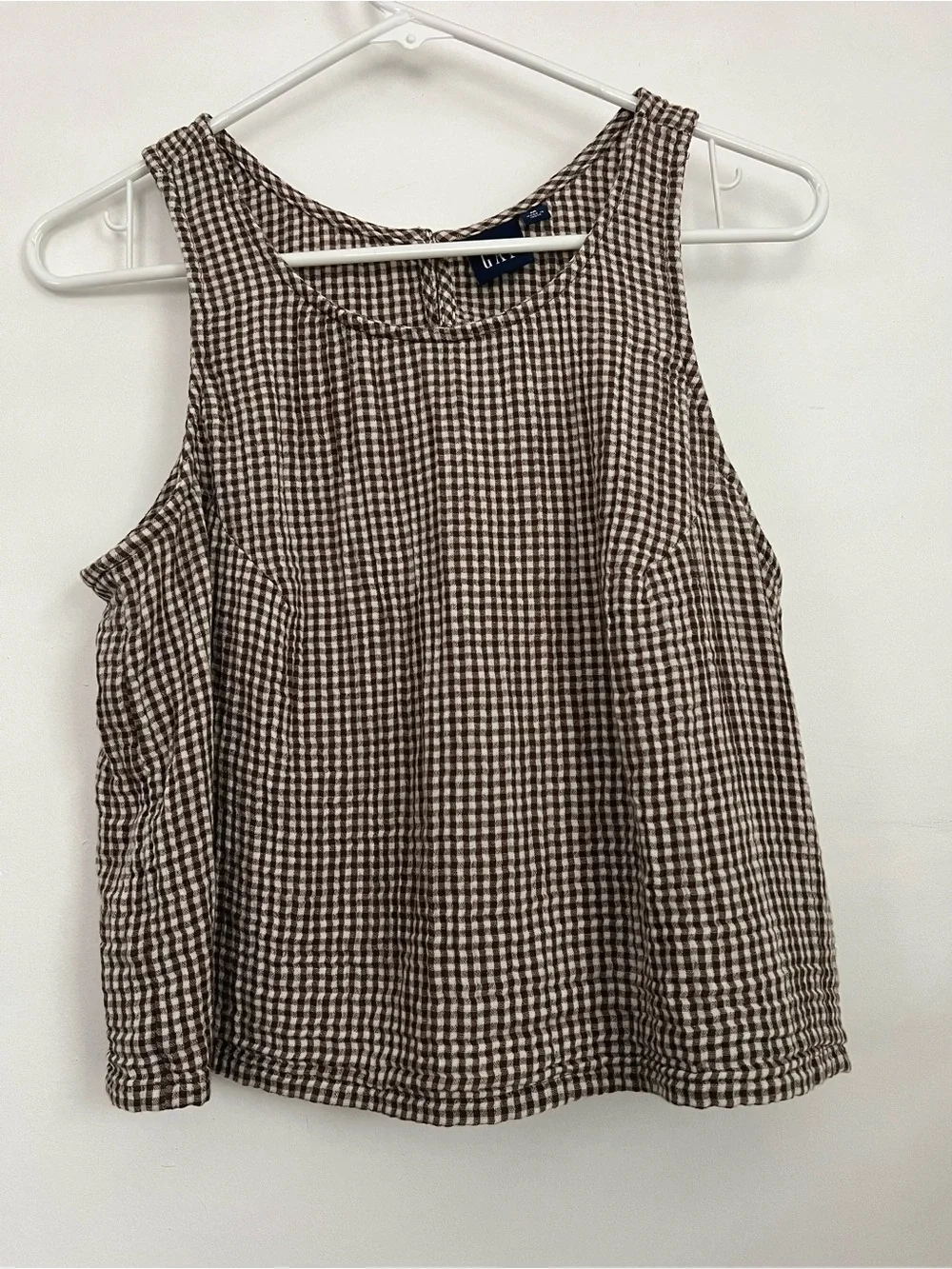 GAP Brown White Gingham Cotton Gauze Racer Shell Tank Top Sleeveless Womens M
